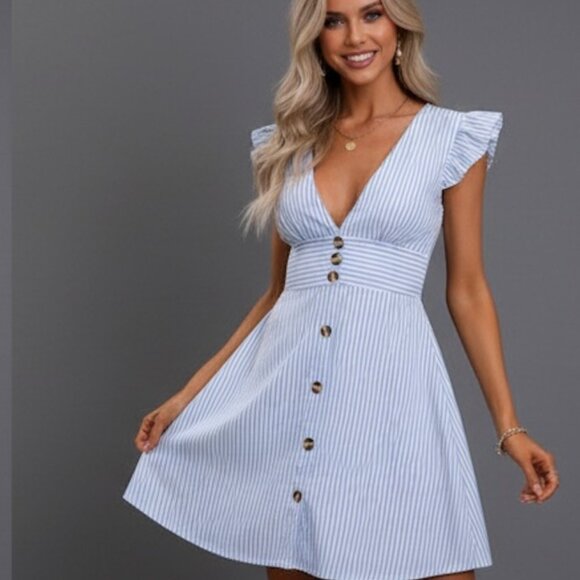 Blue Striped Ruffle Trim Button Front Dress - Picture 4 of 9